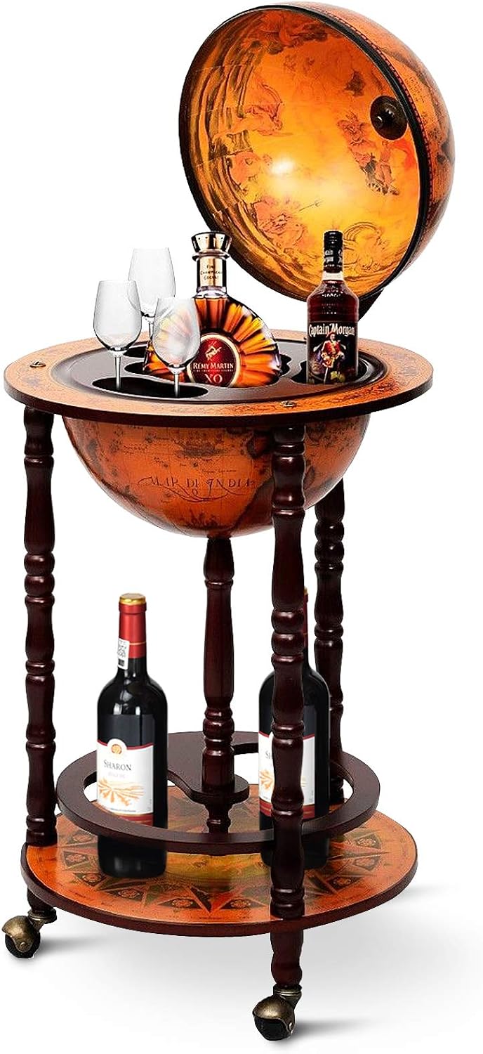 Home Bar Shelf - グローブバーカート、リキュールバーキャビネット、回転式ホイール付き収納ボトムシェルフ、旧世界地図イタリアンレプリカ、レトロワインアルコールスタンド、ダイニングルーム、リビングルーム、家庭用家具、ブラウン