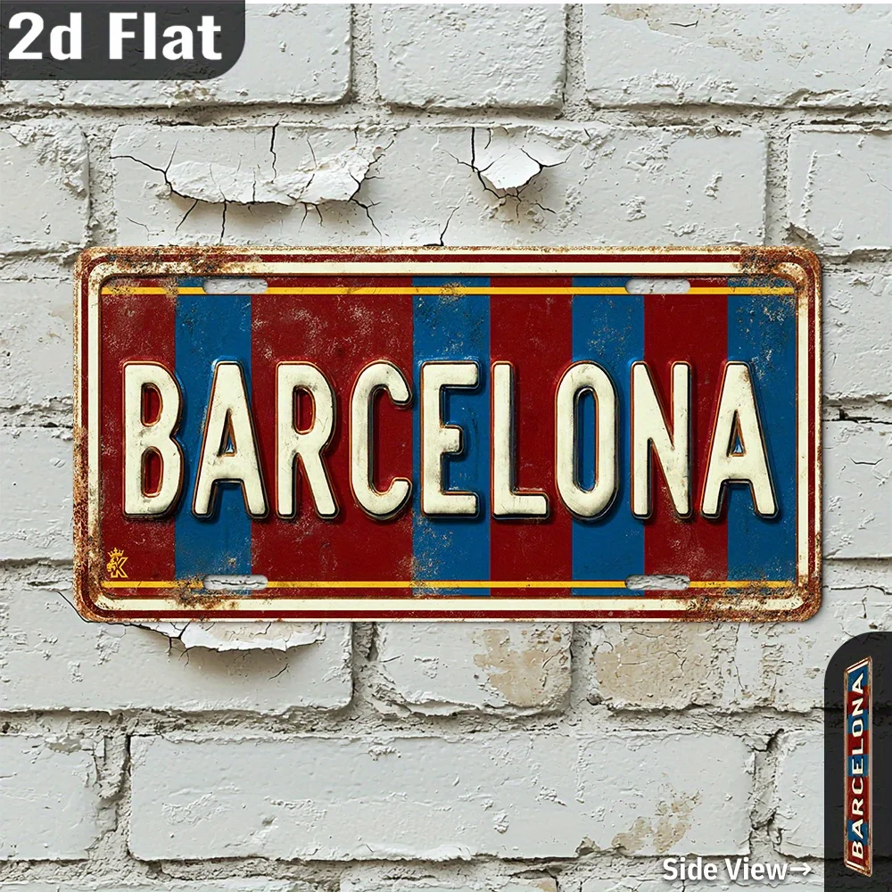 Home Barcelona - 2Dフラット、1個入りレトロバルセロナ木製壁飾りサイン - ブルーとレッドのストライプが入ったヴィンテージ木製飾り板、家やガレージに最適