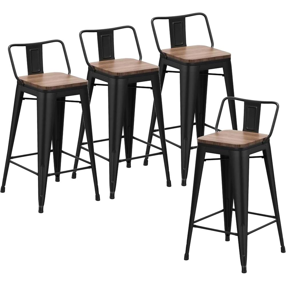 Home Bar Stools - 24インチ バースツール4脚セット 工業用メタルバースツール カウンター高さ バースツール 背もたれ付き