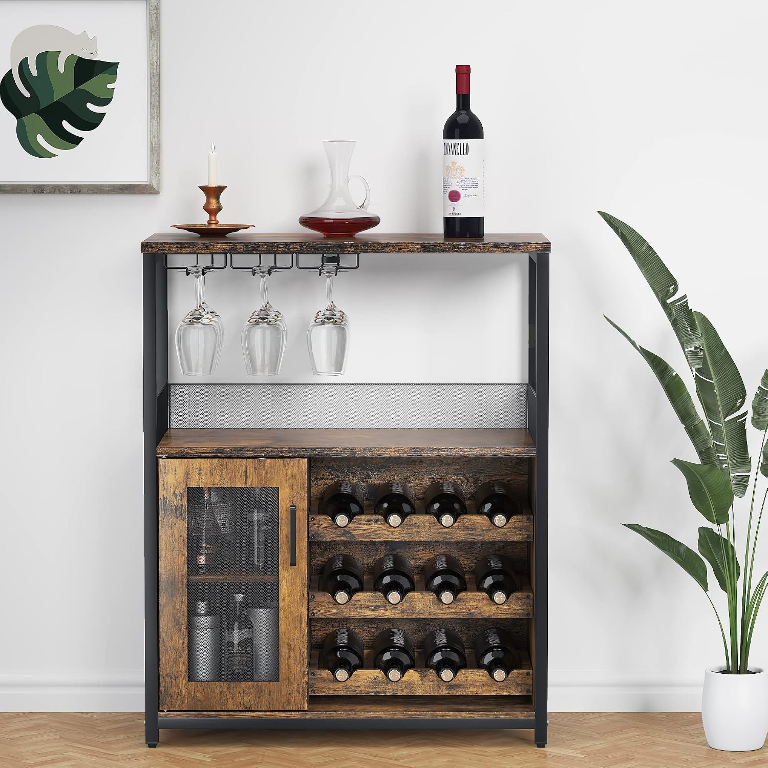 Home Bar Shelves - モダンな36インチブラウンバーキャビネット、メッシュドアとガラスラック、取り外し可能な棚、キッチン・ダイニングルーム用自立型収納、カスタマイズ可能
