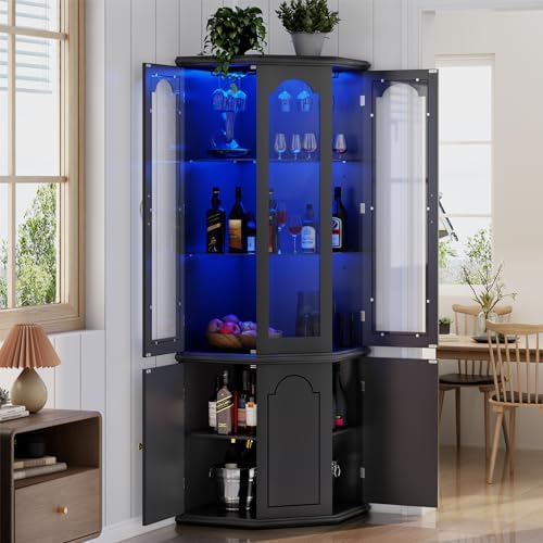 Home Bar Shelf - コーナーバーキャビネット（LEDライト付き）、強化ガラス扉と調節可能な棚付き背の高いモダンなワインキャビネット、ホームバー