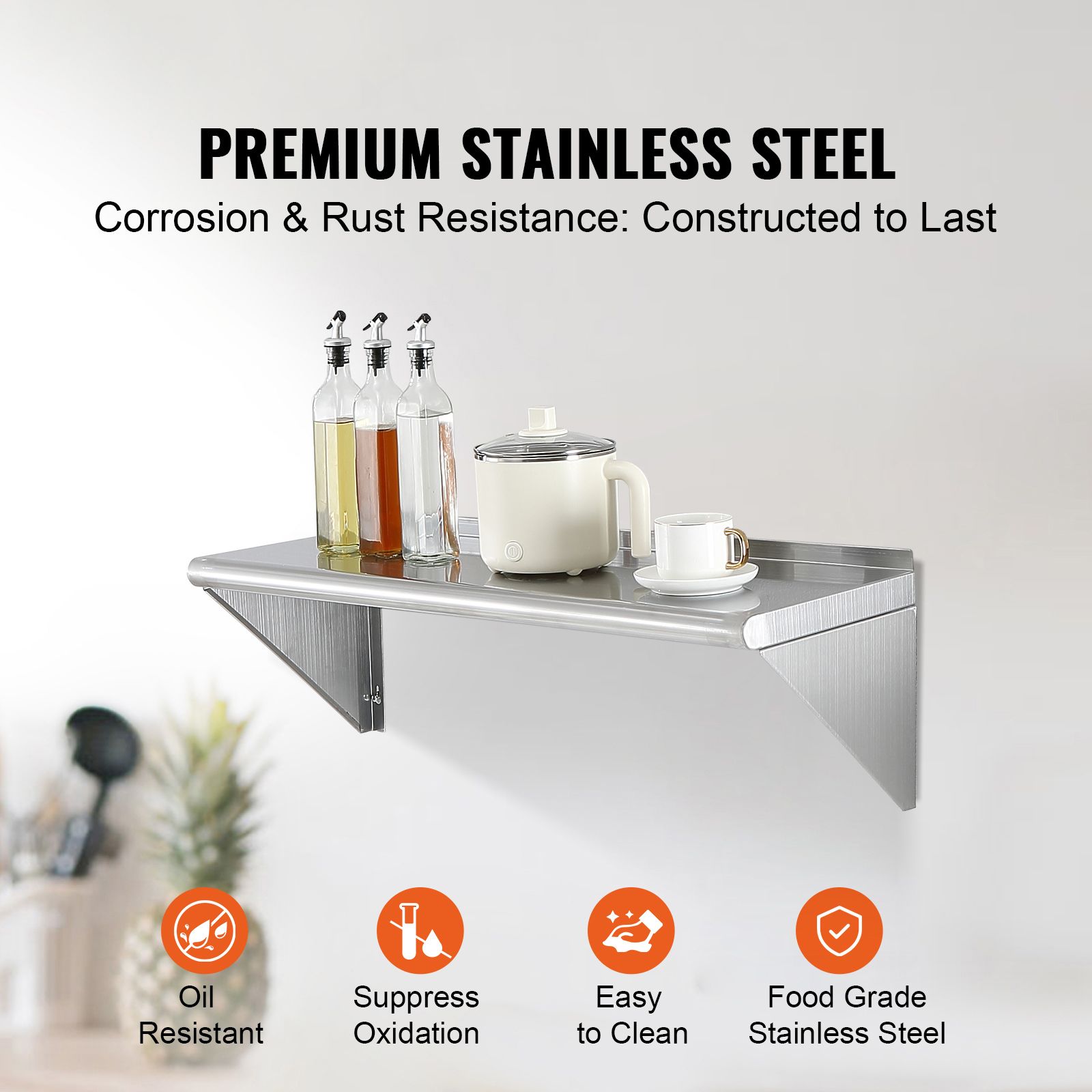 Home Bar Shelf - 12インチ x 36インチ ステンレススチール製棚、ブラケット付き壁掛けフローティングシェルフ、耐荷重250ポンドの業務用棚、レストラン、キッチン、バー、家庭、ホテル用の頑丈な収納ラック