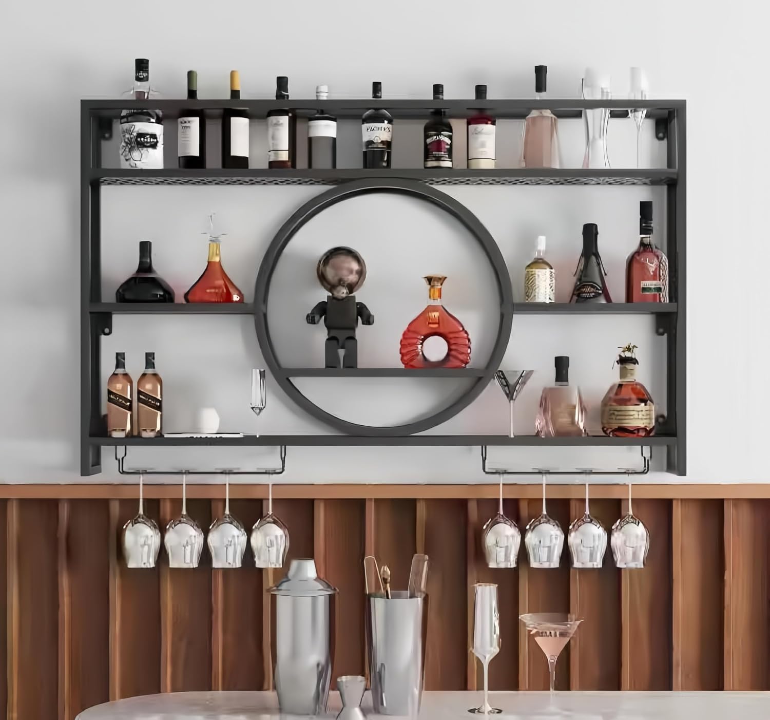 Home Bar Shelves - 黒色の金属製壁掛けワイン収納棚、グラスホルダー付き、大容量の酒瓶ディスプレイオーガナイザー、家庭用バー、ダイニングルーム、キッチン用