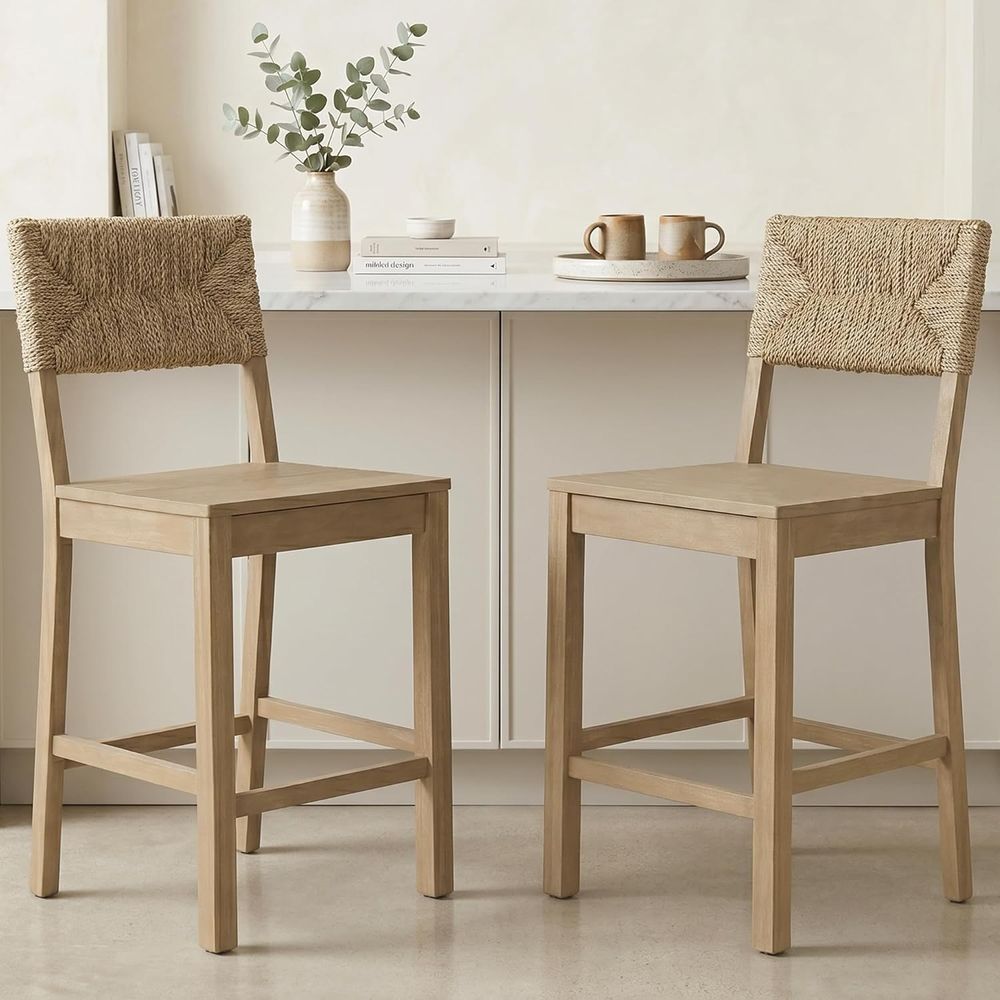 Home Bar Stools - 天然海草製背もたれ付きバースツール2個セット、風化木仕上げ、キッチンアイランドやホームバーに最適