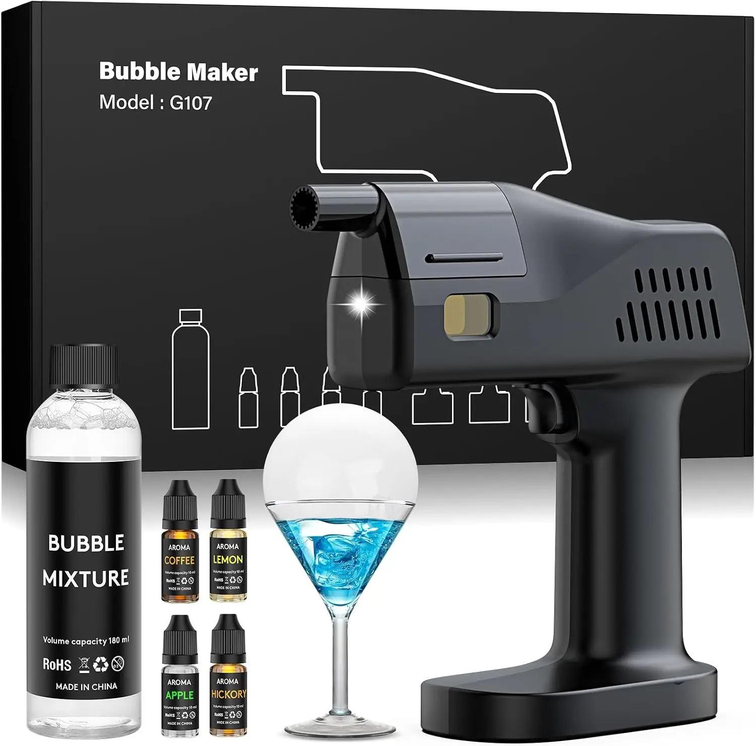 Smoking Gun Kit - 電動カクテルスモークバブルガンキット | アロマブラスター、4種のフレーバーオイルと食用バブル、カラースクリーン、ウイスキー、食品、ドリンク用