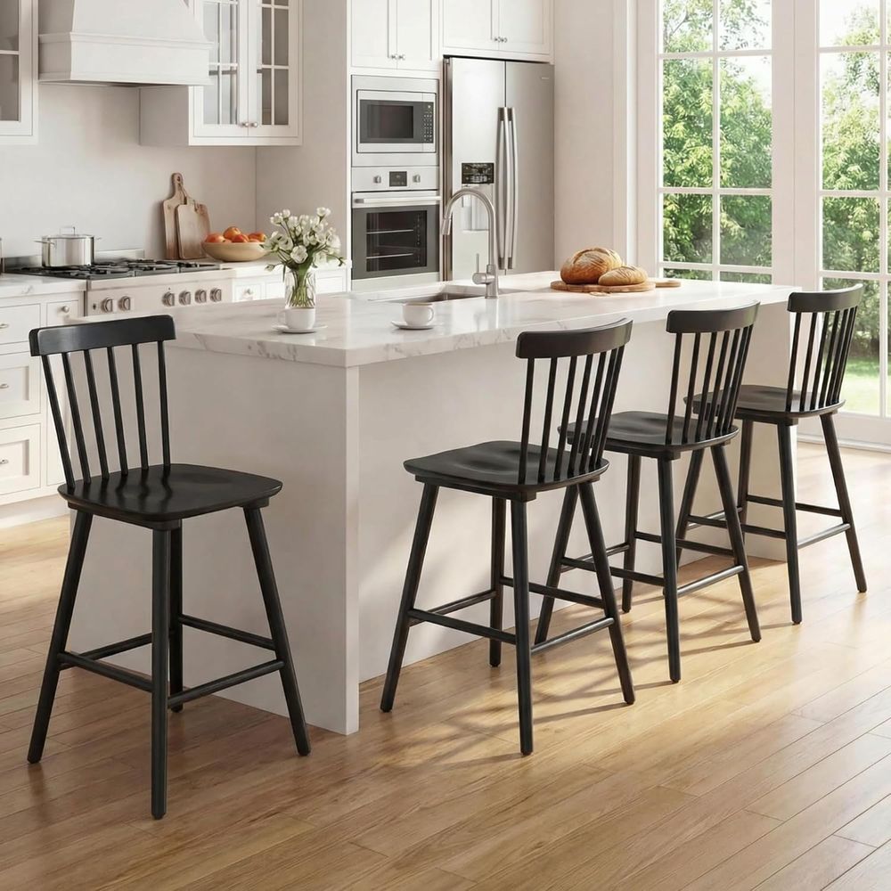 Home Bar Stools - 4脚セット、カウンター高さ26インチの木製バースツール、スピンドルバック付き、キッチンアイランド、朝食バー、ホームパブ用の大きなシート - ブラック