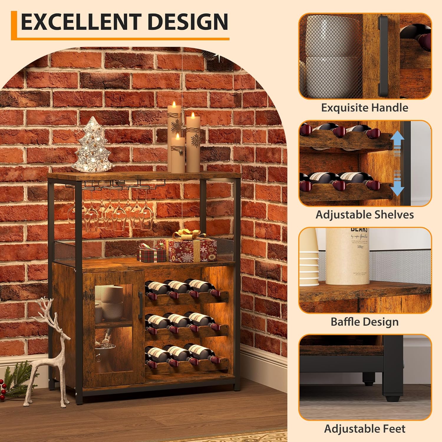 モダンな36インチブラウンバーキャビネット、メッシュドアとガ - Home Bar Shelves のレビューと価格
