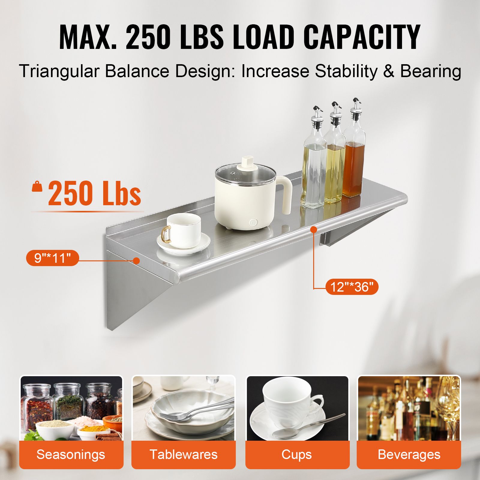 12インチ x 36インチ ステンレススチール製棚、ブラケッ - Home Bar Shelf のレビューと価格