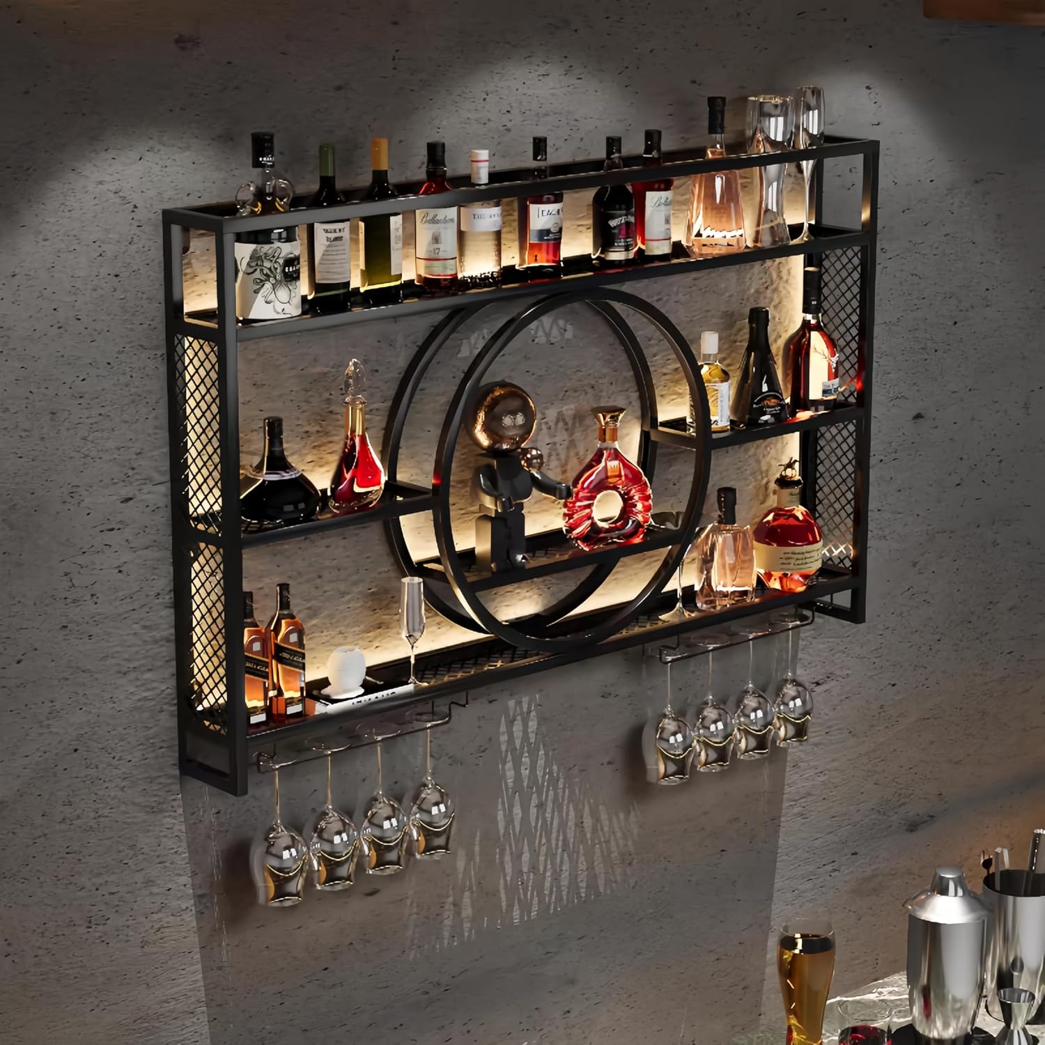 黒色の金属製壁掛けワイン収納棚、グラスホルダー付き、大容量の - Home Bar Shelves のレビューと価格