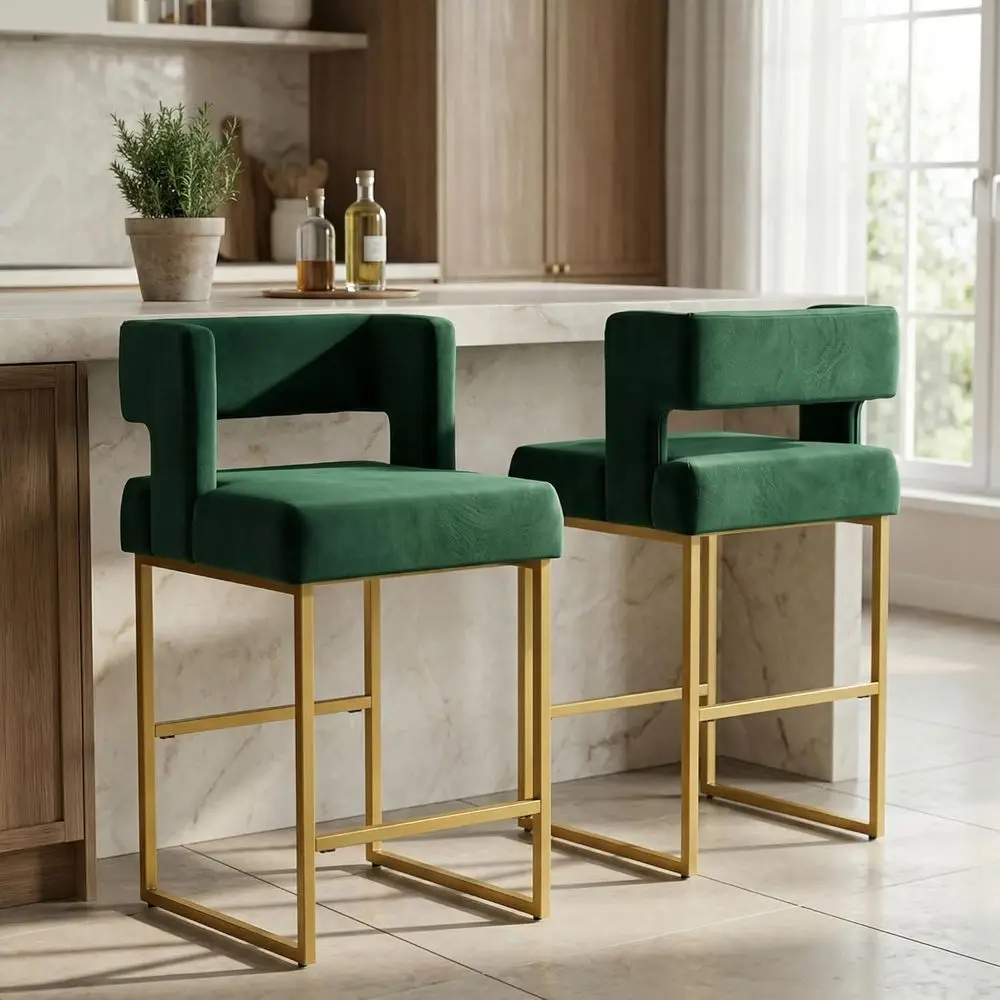 グリーンベルベットのバースツール2脚セット、ゴールドメタルの - Home Bar Stools のレビューと価格