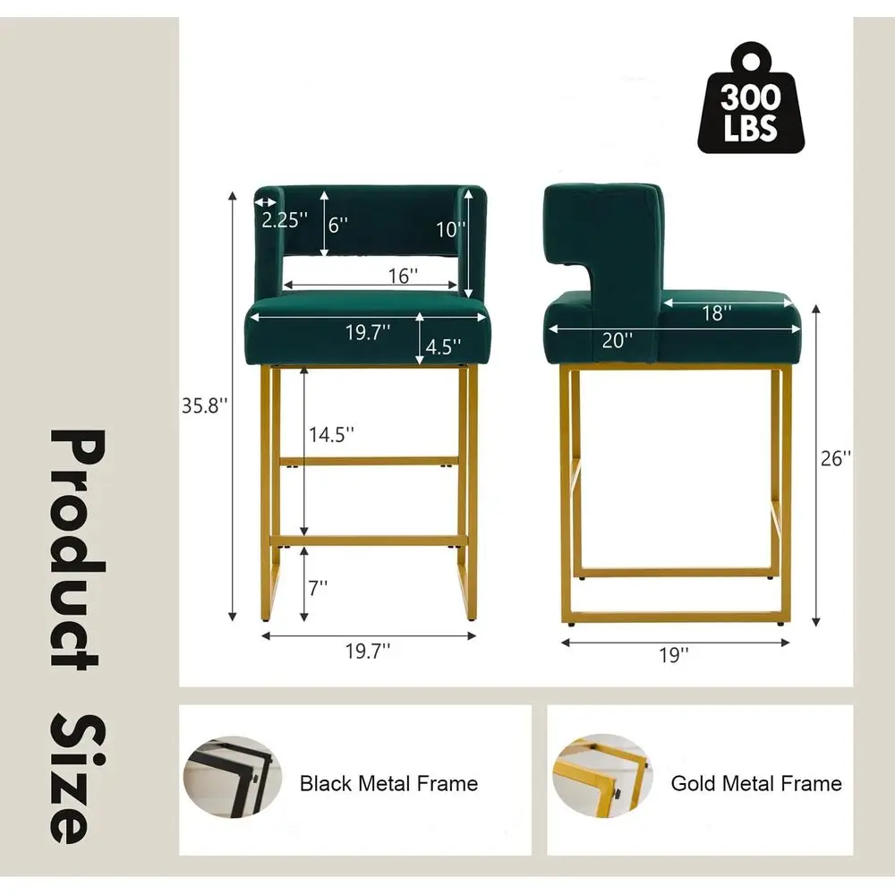 グリーンベルベットのバースツール2脚セット、ゴールドメタルの - Home Bar Stools のレビューと価格