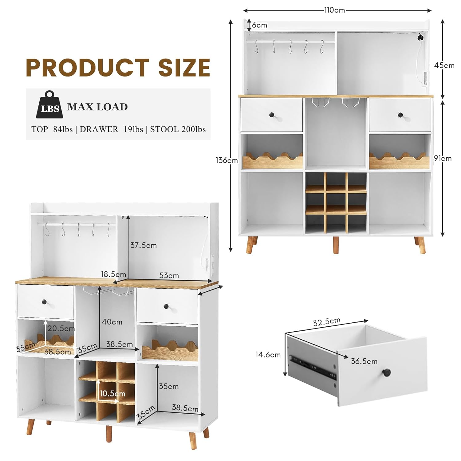 電源コンセントとLEDライト付きワインバーキャビネット、引き - Home Bar Shelf のレビューと価格