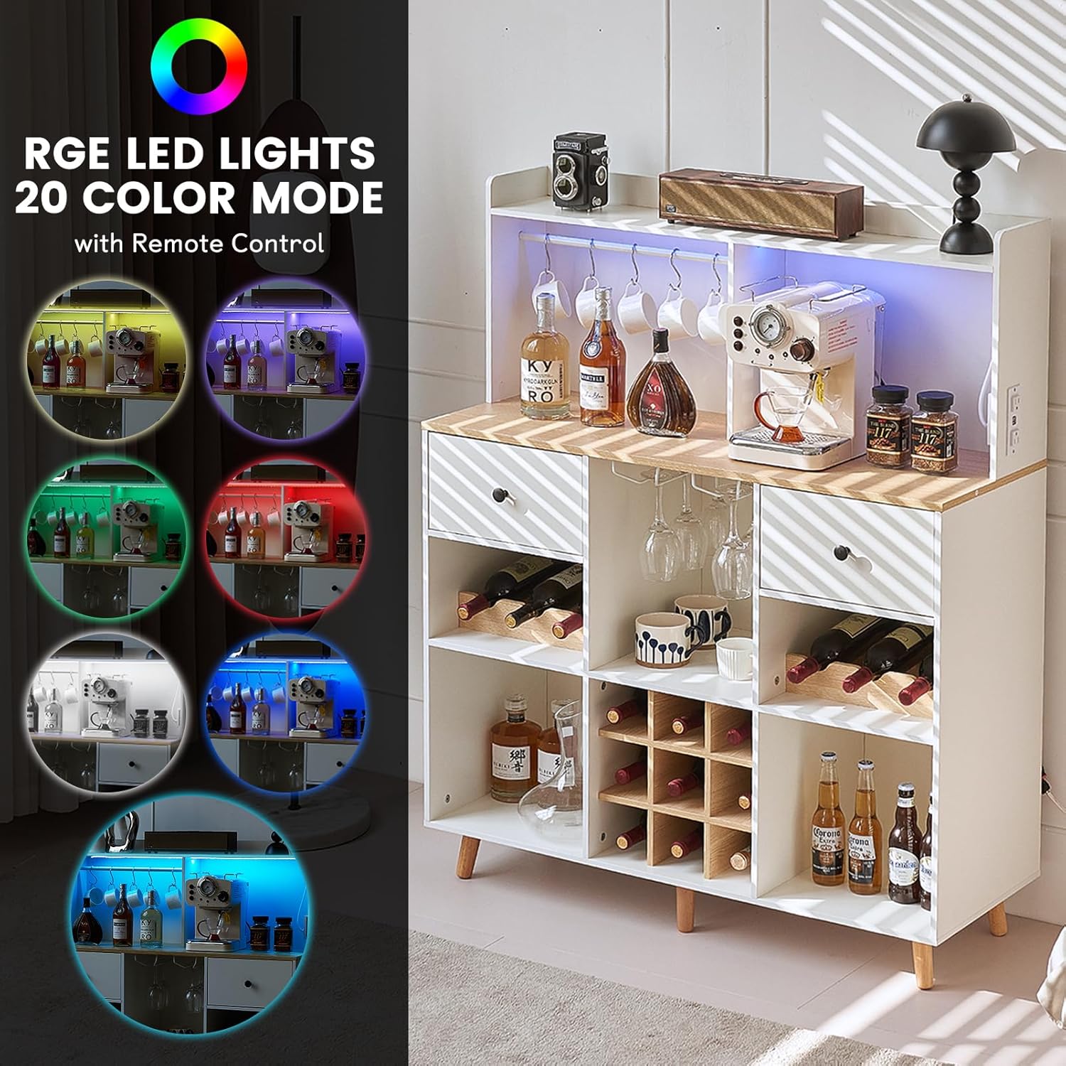 電源コンセントとLEDライト付きワインバーキャビネット、引き - Home Bar Shelf のレビューと価格